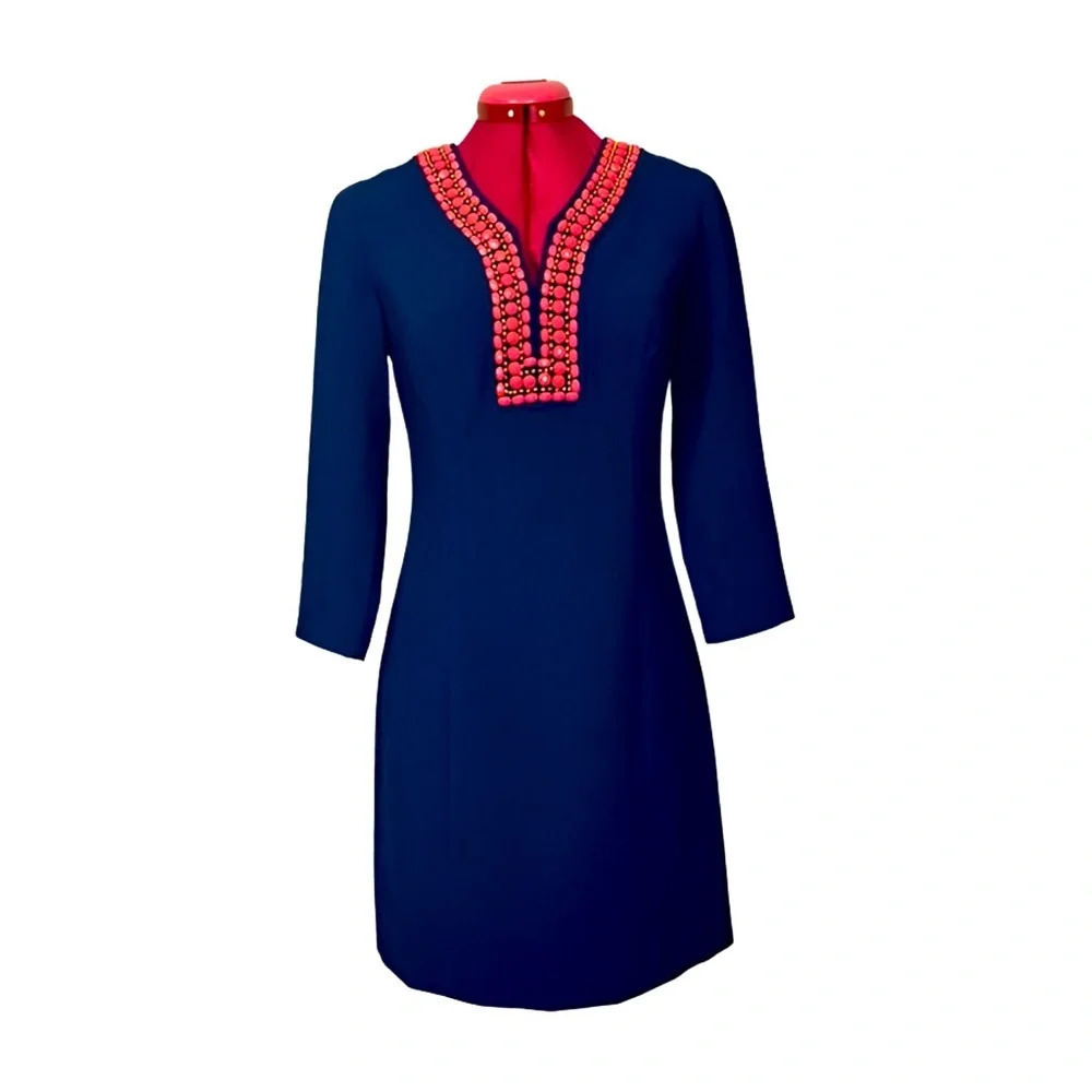 Lilly Pulitzer "Bennett" navy coral lined fitted dress  with beaded neckline